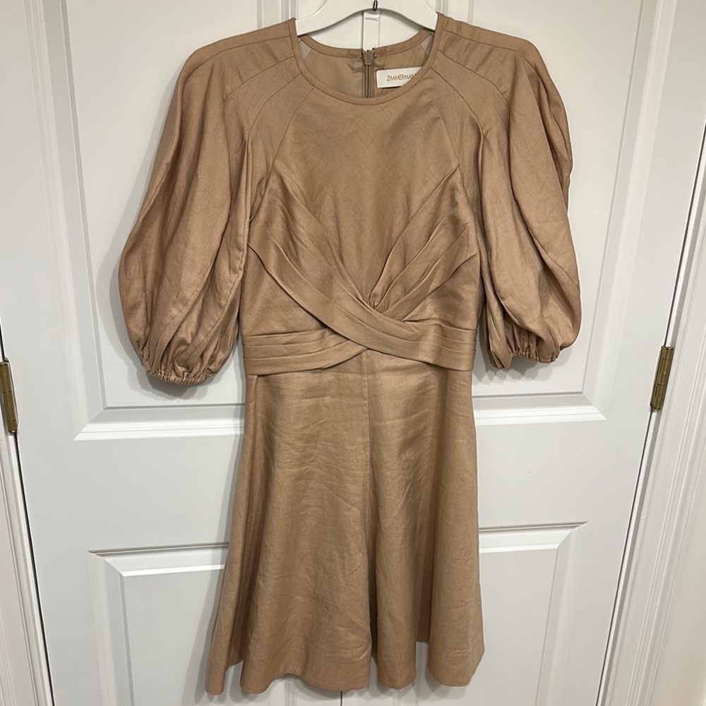 Zimmermann Natural Pleated Linen Mini Dress.  Size 0.